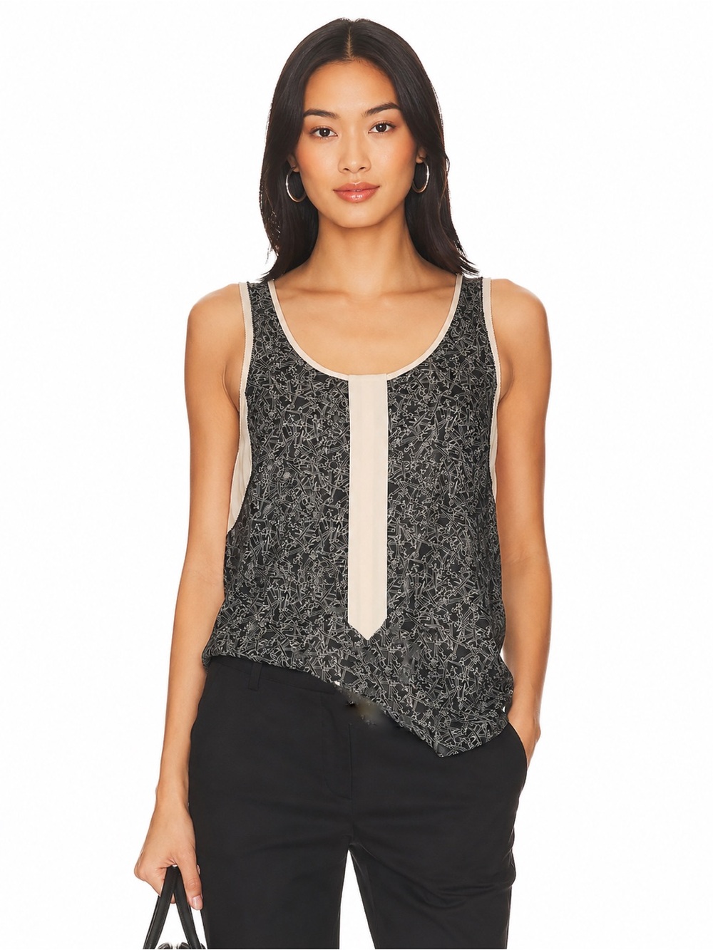 rag & bone Black Printed Tank with Cream Center Trim